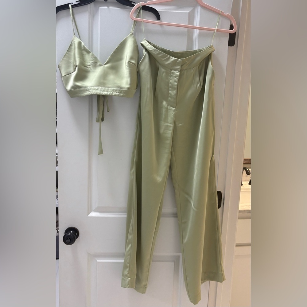 Chic Light Green Satin Set- Shirt Size M, Pant Size S
